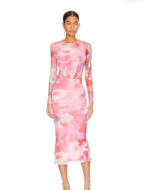 Bardot Pink Watercolor Long-Sleeve Sheer Corset Midi Dress